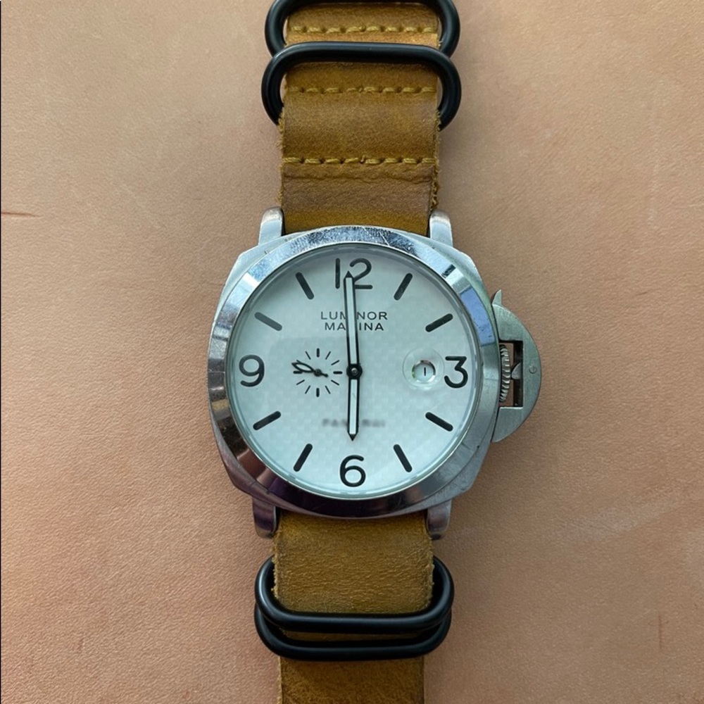 Homage Luminor Marina Italian Swiss Automatic Dive Watch White Dial Leather NATO
